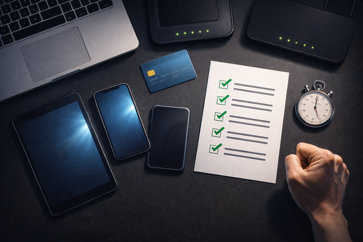 Battle-ready desk flat-lay: devices, card, stopwatch, and a bold checklist with green ticks—Switch 2 purchase prep ritual, calm confidence, “I’m ready to win” determination