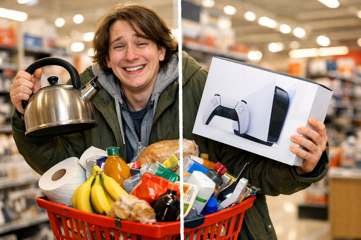 Teary-eyed shopper grinning with a kettle and overflowing groceries while hugging a big new game-console box—errands turned impulse buy, guilty joy, wallet-draining thrill