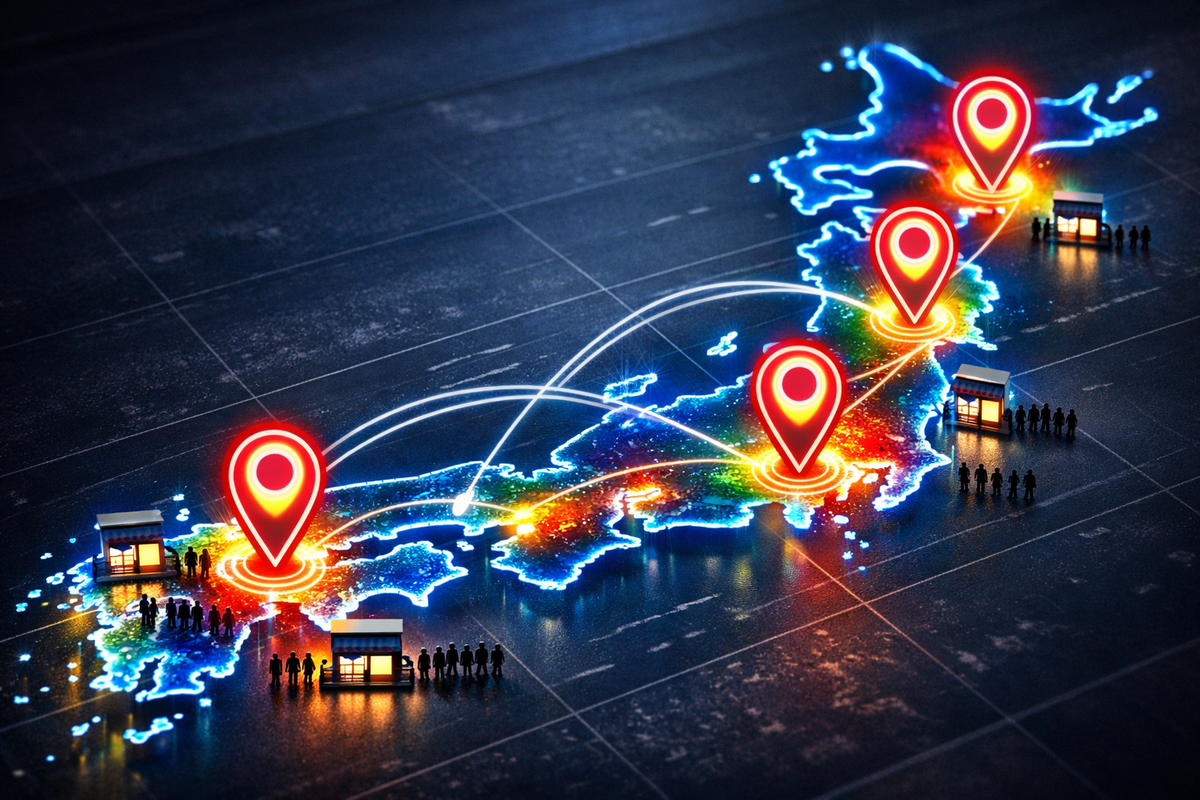 Neon Japan map lit by blazing location pins and glowing routes between stores—real-time sighting hotspots, late-night hunt vibes, hopeful momentum