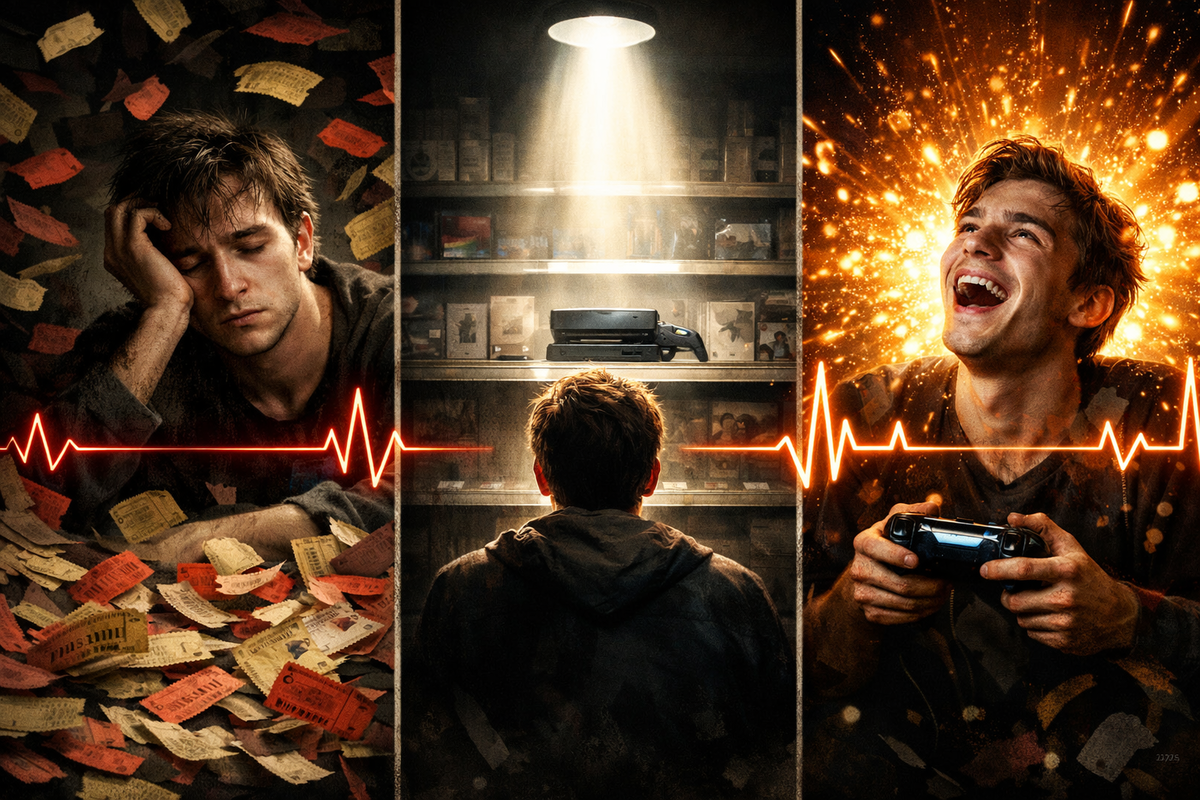 Three-panel emotional whiplash: raffle-ticket burnout, lonely shelf-stare suspense, then explosive gamer euphoria with a pulsing heartbeat line—relief, adrenaline, unstoppable craving