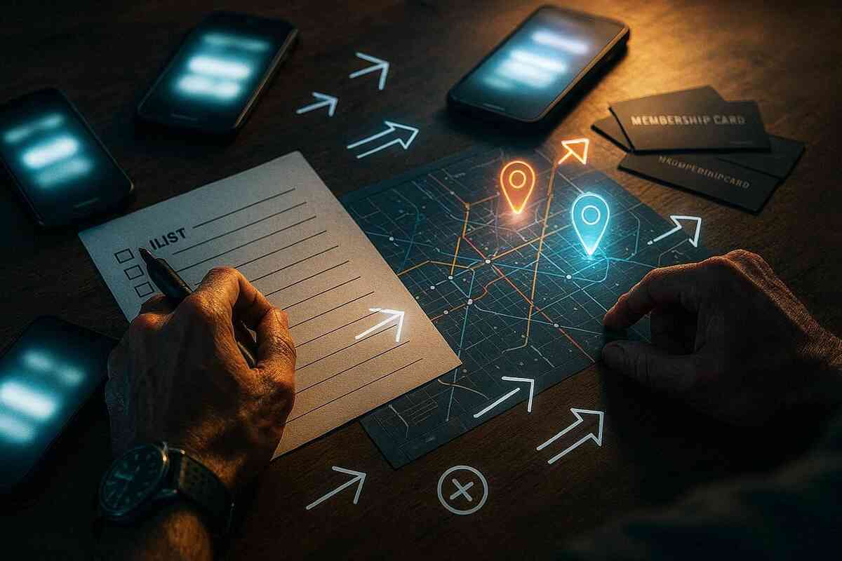 Hands planning a restock sprint: checklist, multiple phones, membership cards, and a glowing city map with arrows—calm, tactical focus before the rush, determined “I will win” energy