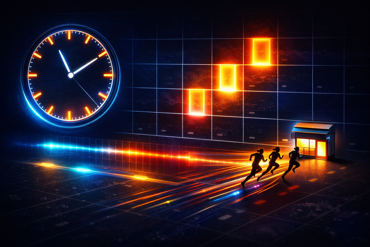 A giant neon clock and rising “golden time” blocks as runners sprint toward a lit storefront—timing is everything, adrenaline rush, don’t-blink urgency
