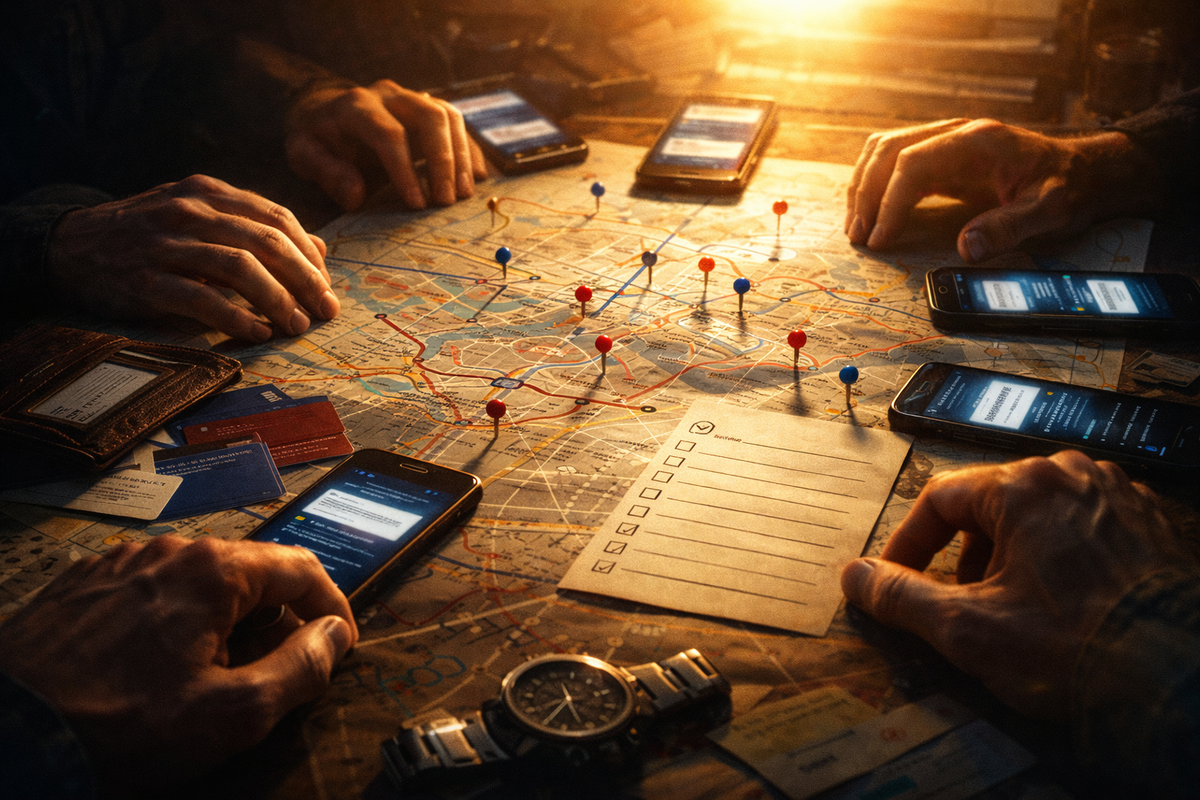 Hands hovering over a city map packed with pins, buzzing phones, and a checklist—late-night strategy session, tense focus, determined “we’re getting it” resolve