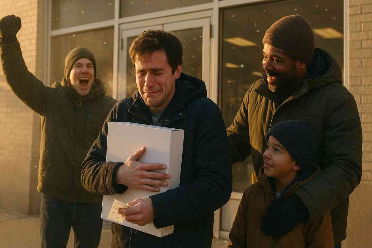 A buyer clutching a plain console box and receipt with tears of relief as friends and family celebrate—after-the-chase triumph, warm gratitude, pure victory moment