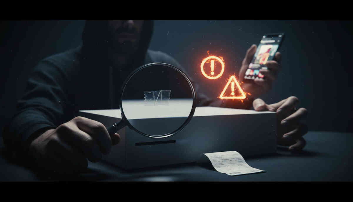 Magnifying glass checking a plain console box and receipt while a shadowy seller flashes a phone listing—scam-alert tension, protective caution, buy-safe confidence
