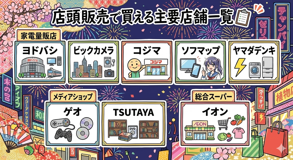 Colorful Japanese festival-style infographic listing major stores where Switch2 can be bought in person—fireworks, cherry blossoms, and checklist vibes, joyful “I can finally get it” excitement, action-ready shopping momentum
