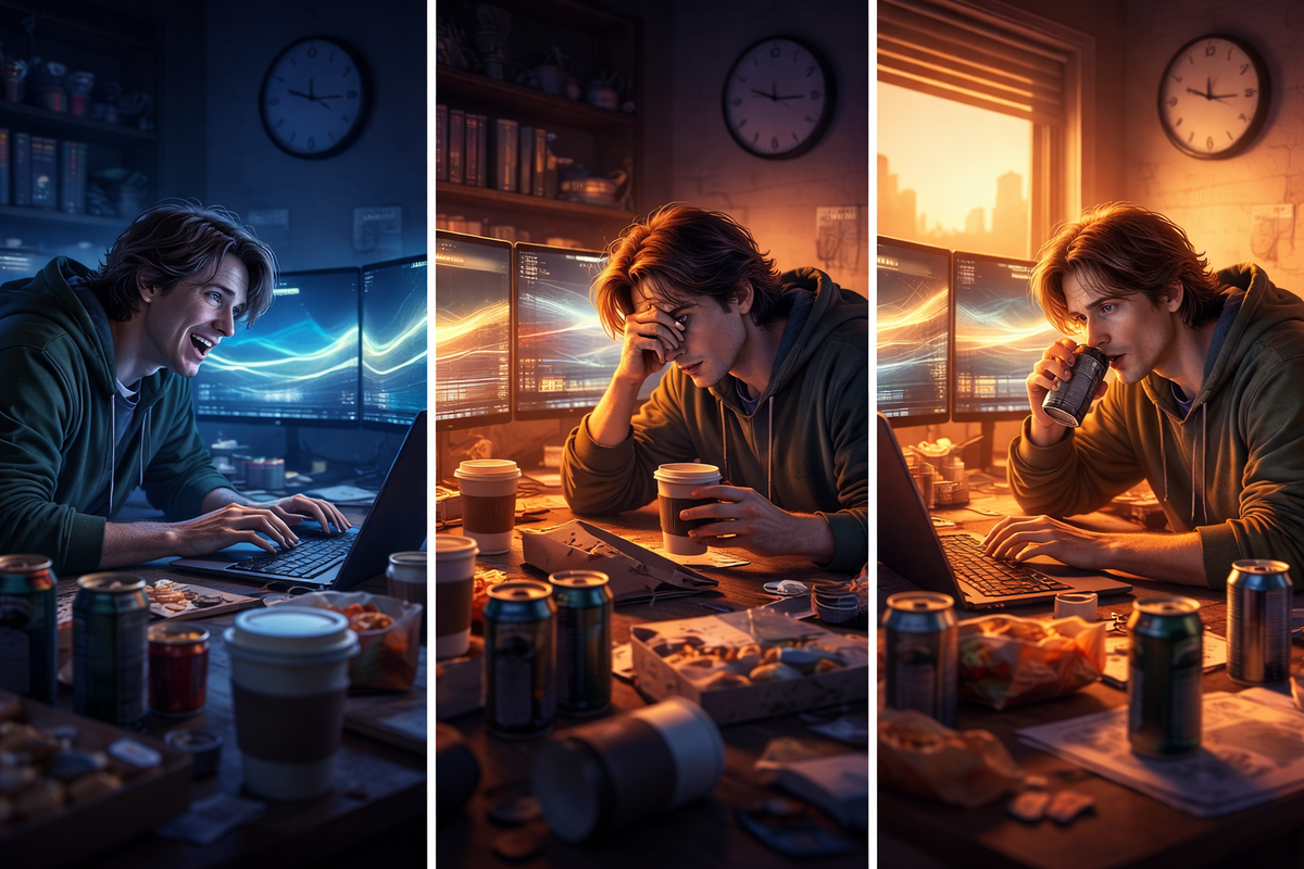 Three-panel all-night grind at a messy desk—midnight excitement to exhausted frustration to sunrise determination with coffee—sleepless restock marathon, raw hope and grit