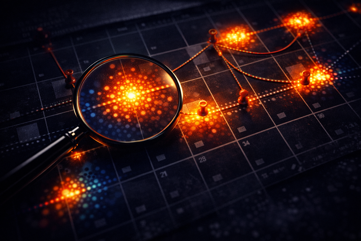 Magnifying glass over a glowing data map with pinned connections—pattern-hunting intensity, evidence-driven timing, suspenseful “the signal is here” investigative energy