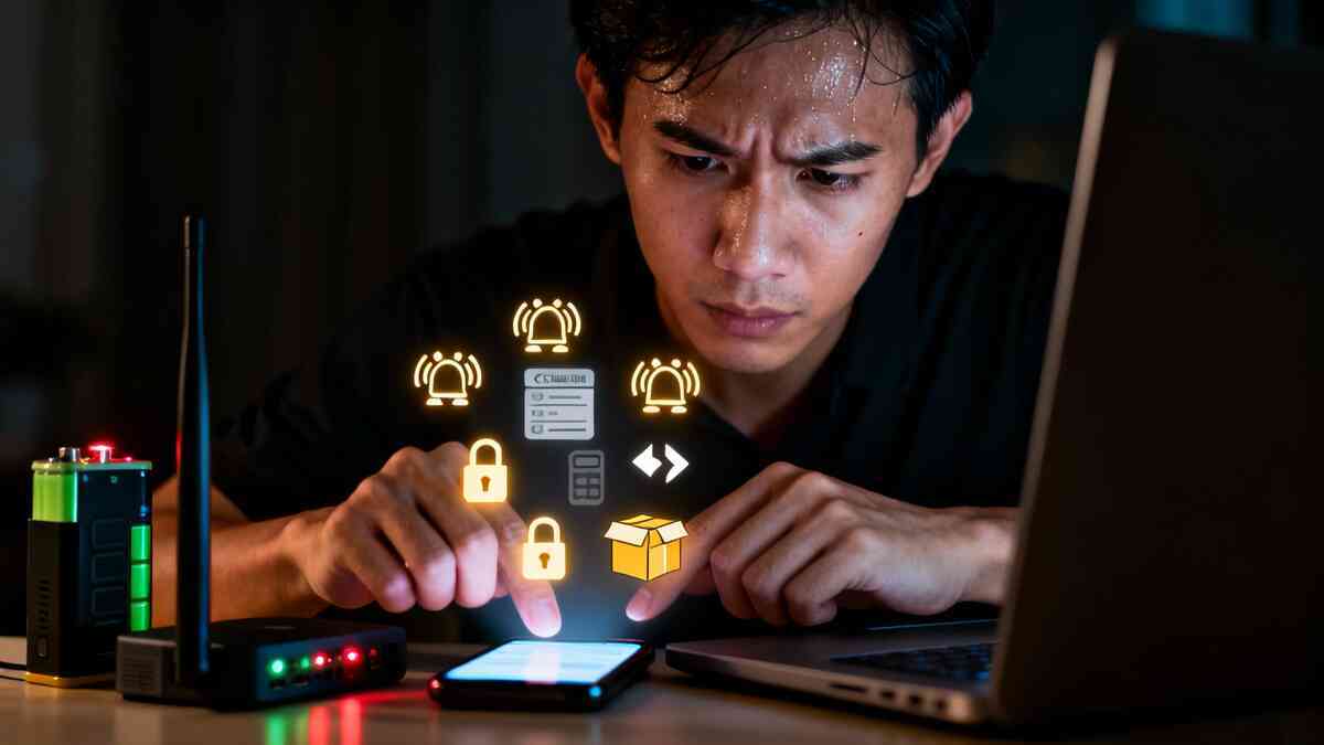 Sweaty, laser-focused buyer tapping a phone beside a laptop and router lights—alerts, locks, and checkout readiness icons hovering—high-stakes preparation, anxious precision, battle-ready resolve