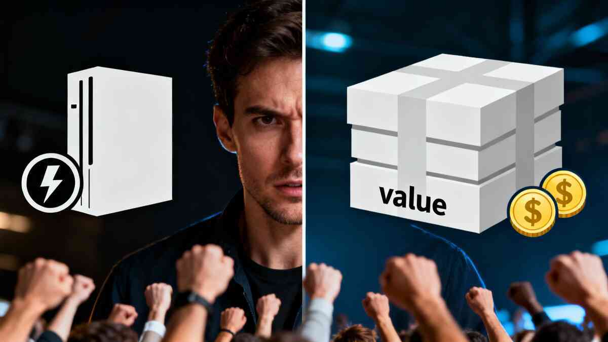 Split-screen dilemma: single console-speed icon versus bundled “value” stack with coins—crowd fists rising below—pressure-packed choice, competitive urgency, win-or-lose tension