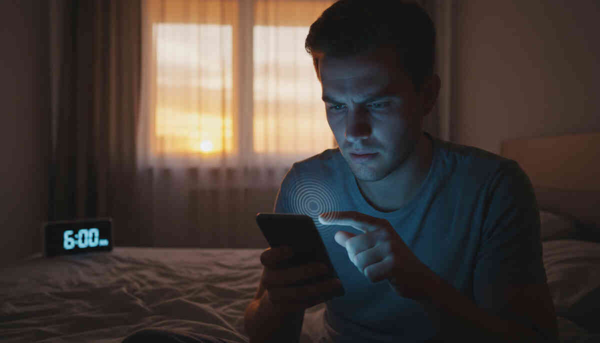 6:00 a.m. bed-side phone check with sunrise through curtains—quiet last-chance refresh, stubborn perseverance, fragile hope turning into calm, determined focus