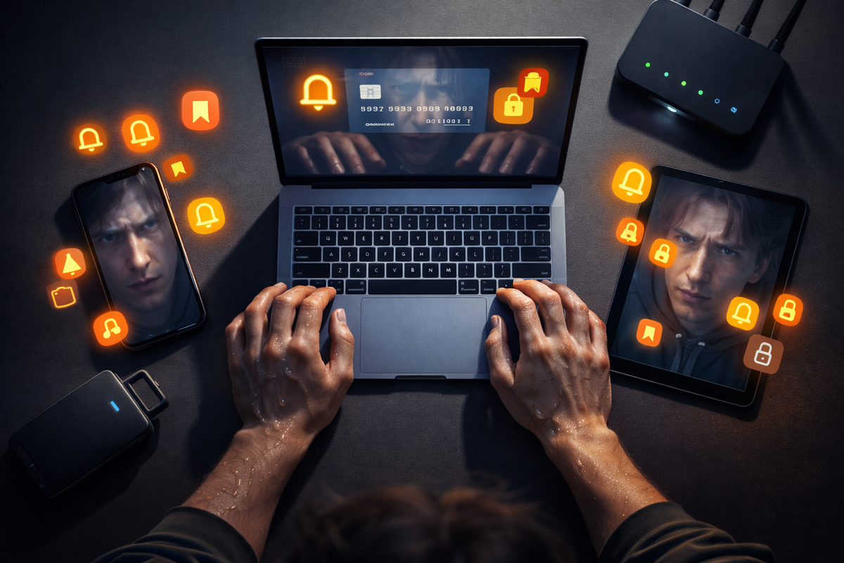 Top-down “checkout war-room” with laptop, phone, and tablet ringed by glowing bell and lock icons—battle-ready focus, anxious precision, zero-mistake determination