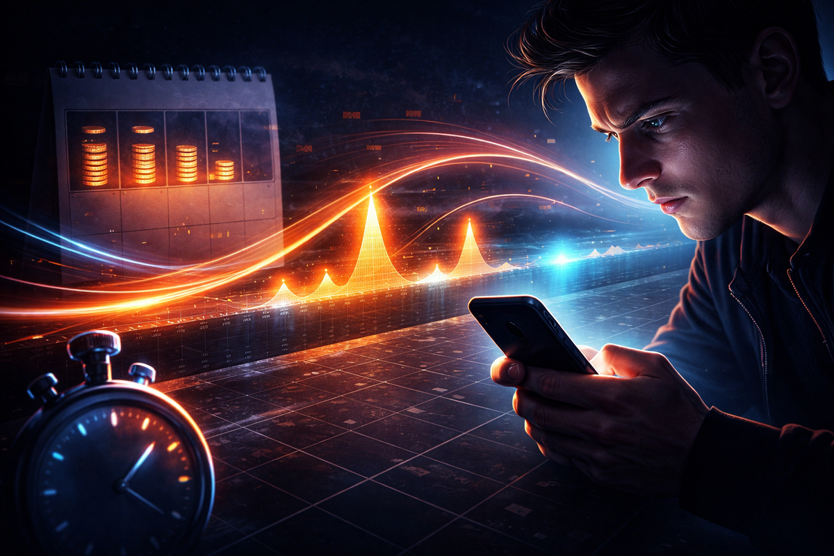 Intense buyer staring at a phone while glowing spike graphs surge across the scene beside a stopwatch—data-driven suspense, sharp concentration, adrenaline timing
