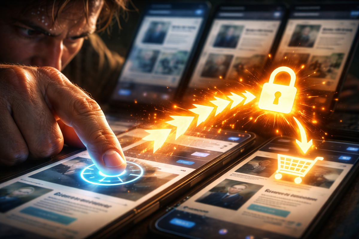 Finger slamming a smartphone screen as a blazing lock-and-arrow path rockets toward a cart icon—instant-action pressure, tunnel-vision focus, electric momentum