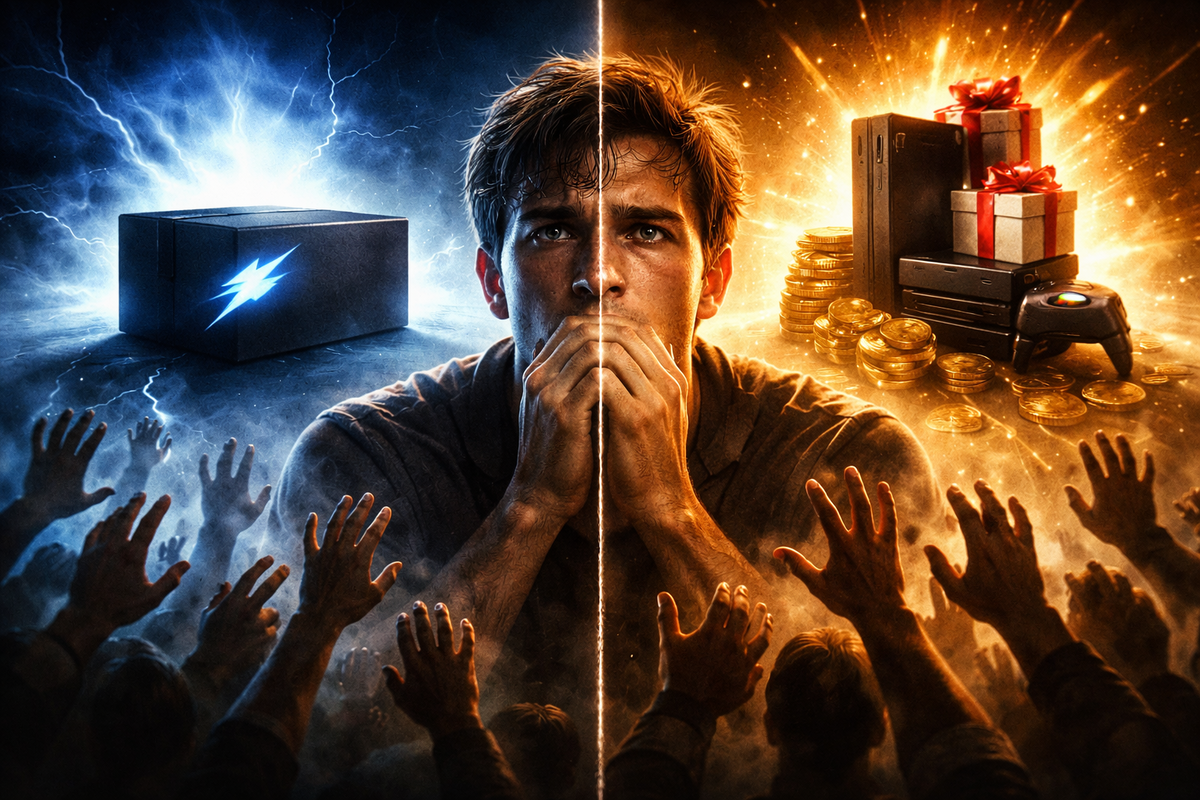 Split-screen dilemma: lightning-fast single item vs value-packed bundle with coins and gifts—crowd hands reaching, heart-in-throat tension, win-or-lose decision