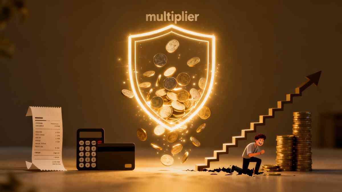 Golden “multiplier” shield bursting with coins beside receipt, card, and a staircase rising to a money stack—relief, hope, and smart-savings triumph energy