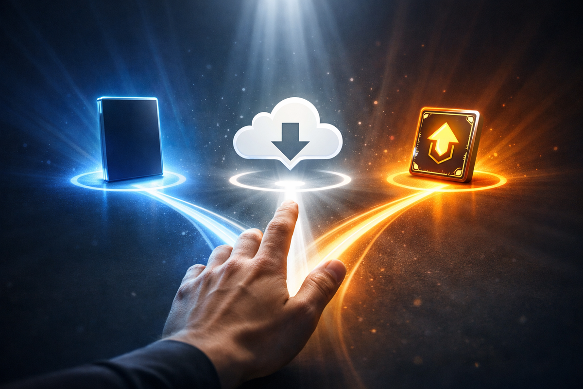 Hand reaching toward a glowing split of three purchase paths—physical box, cloud download, and upgrade token—high-stakes decision moment, focused, decisive, pulse-racing