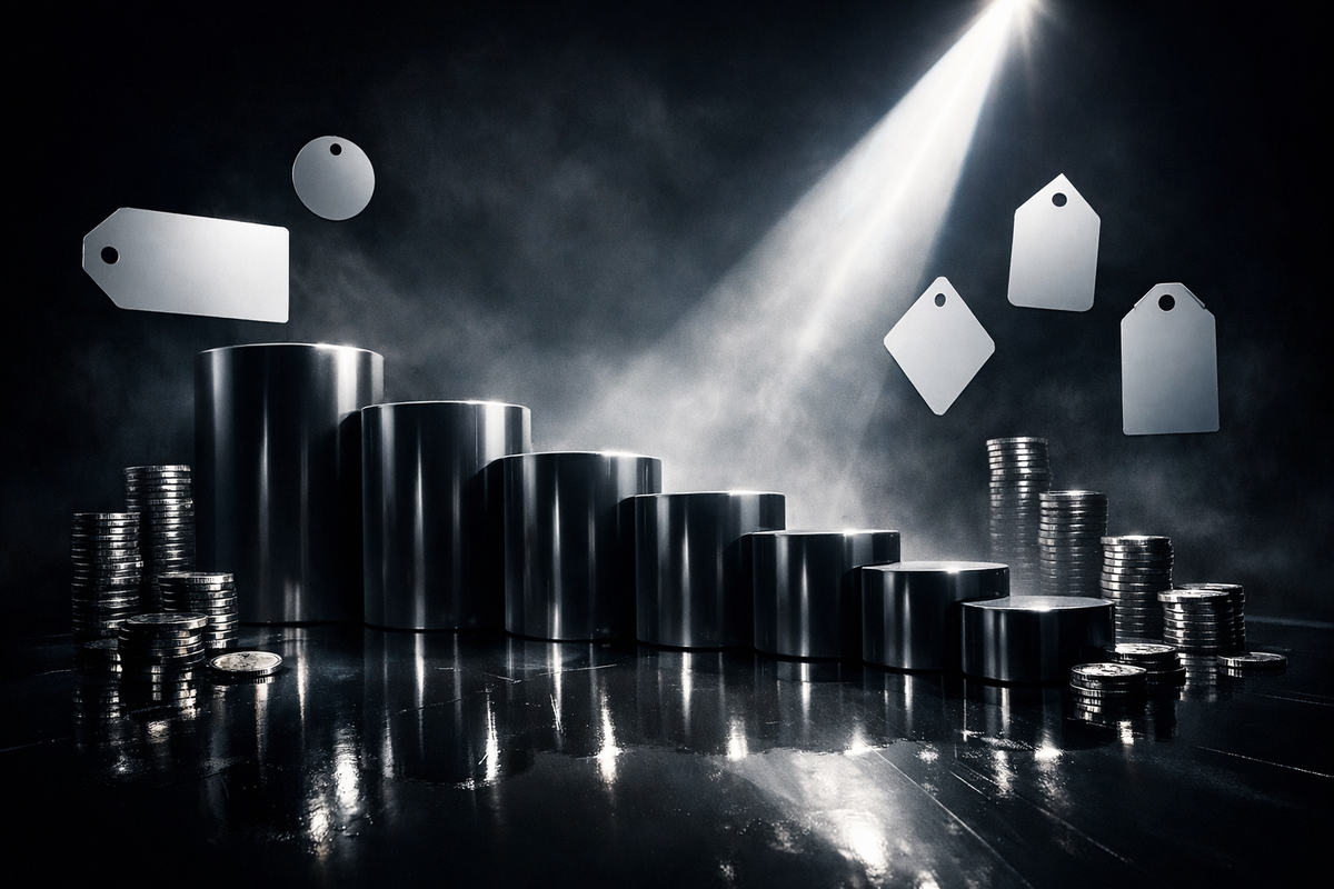 Moody spotlight over stacked coins and rising bar columns with blank price tags—deal-ranking drama, cold hard savings, competitive tension, irresistible bargain chase