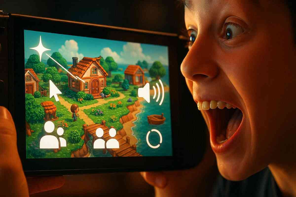 Wide-eyed gamer shouting in pure excitement at a cozy island game screen with feature icons—joyful hype, instant-play thrill, playful wonder, can’t-wait-to-try energy