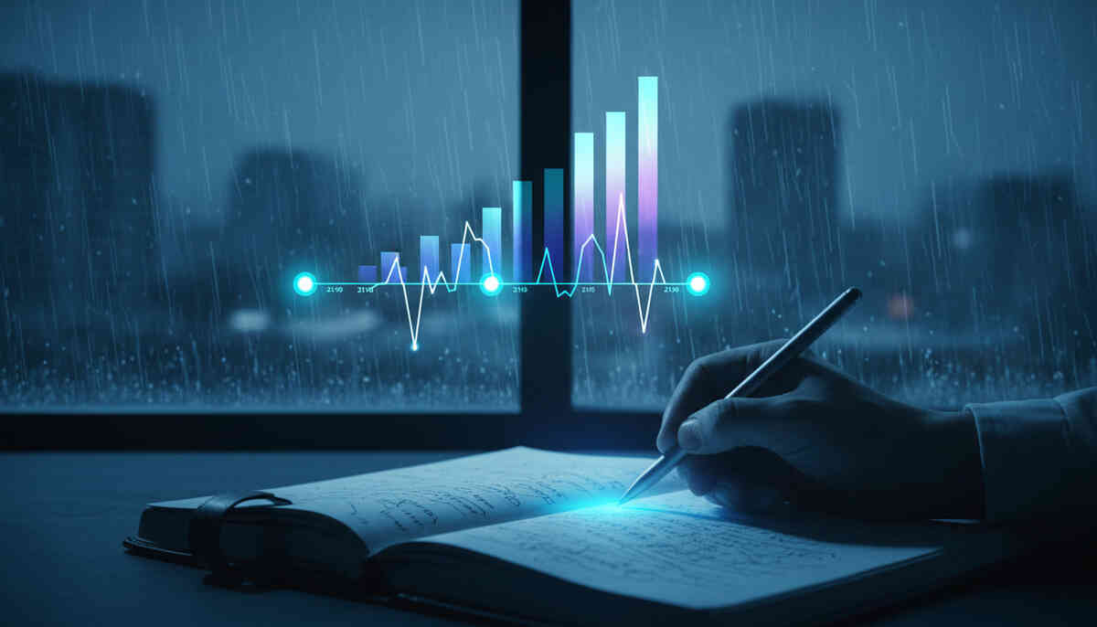 Rainy-window data grind—glowing bars and a jagged timeline while a hand scribbles notes, obsessive focus, cold-proof clarity, Friday-night suspense in the air