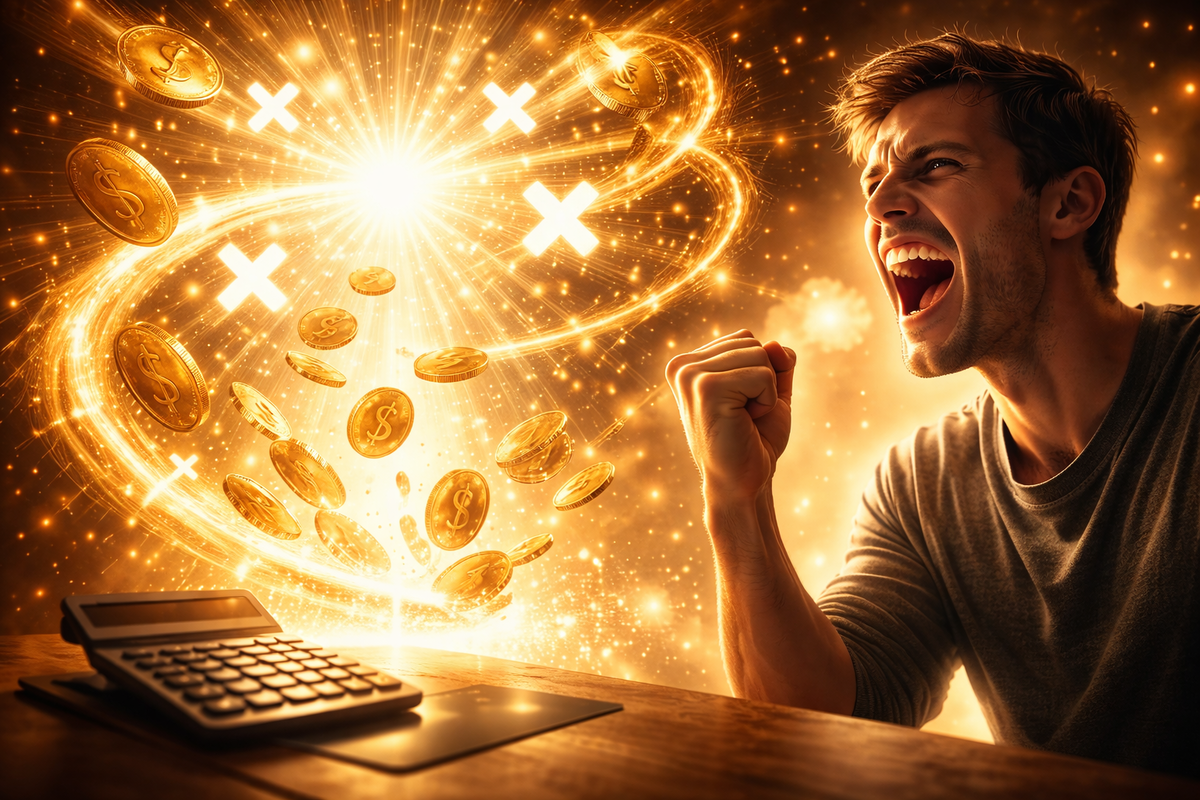 Golden point-multiplier explosion—coins swirling like a storm as a shopper screams with joy beside a calculator, euphoric jackpot energy, triumphant savings rush