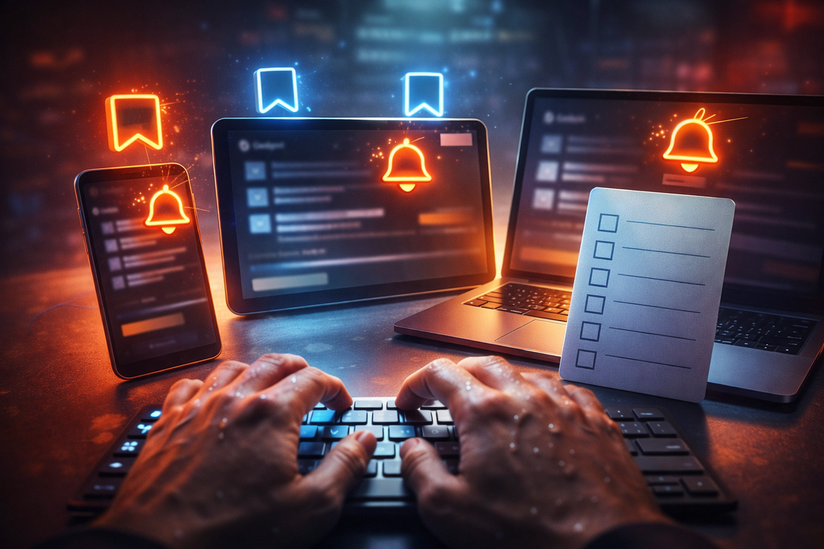 Three-device buy-now war room—notification bells blazing, bookmarks ready, checklist in hand, sweaty fingers on keys, five-minute sellout panic, razor-sharp readiness