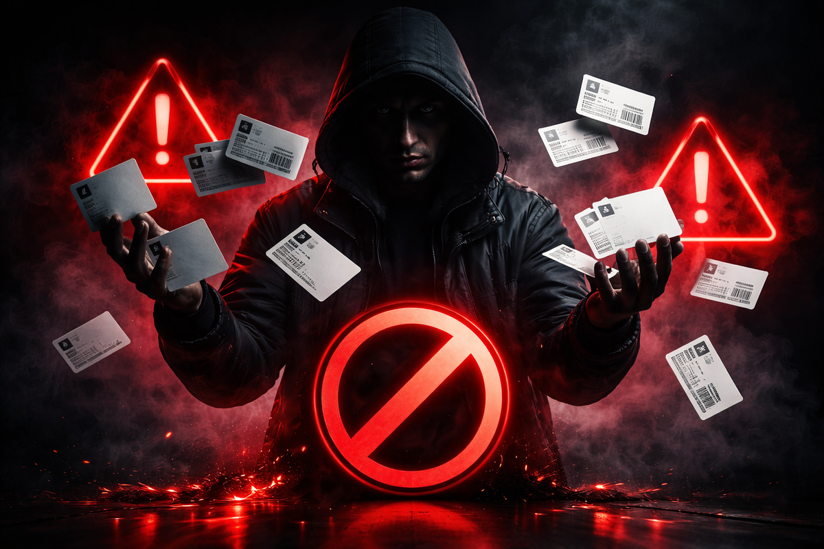 Dark warning scene of rule-breaking—hooded figure surrounded by duplicate ID cards and flashing hazard signs, lockout dread, red-flag danger, “one mistake and it’s over” fear
