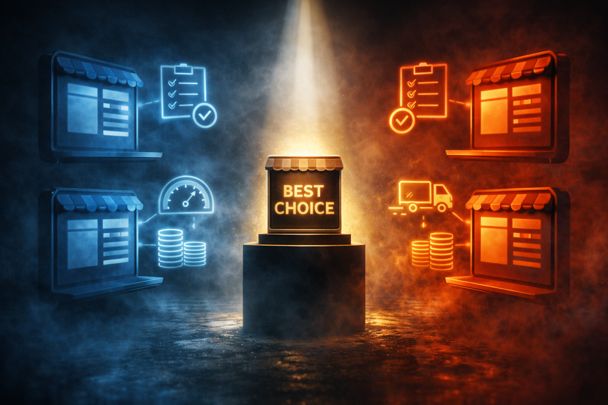 Head-to-head marketplace showdown—blue vs orange storefront tiles orbit a glowing “best choice” podium with shipping, points, and rules icons, decisive clarity, confident winner vibe