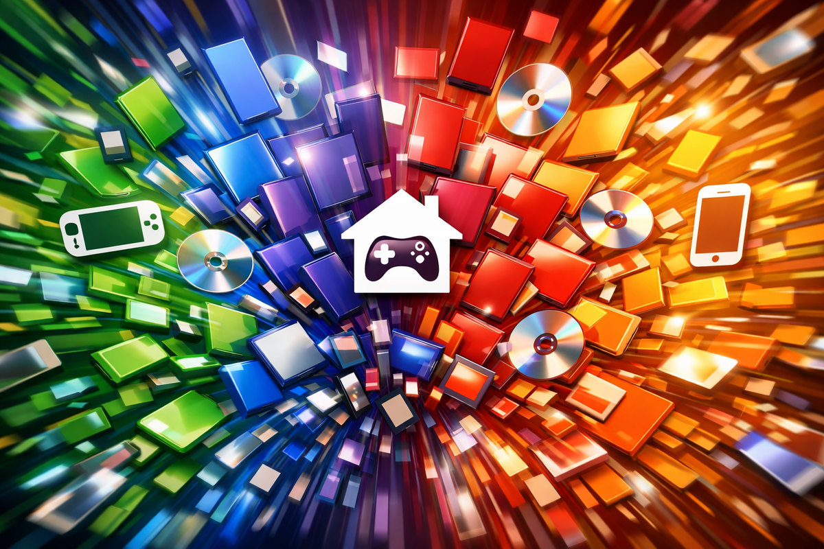 Explosive rainbow vortex of unbranded game cases and shiny discs with handheld + smartphone icons rushing toward a home-and-controller symbol—dopamine rush, playful abundance, “endless picks” furusato tax gaming catalog energy