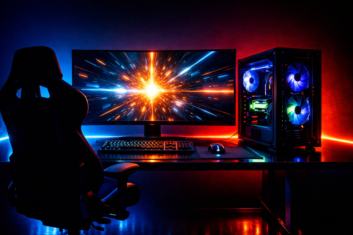 Moody RGB gaming battlestation: ultrawide monitor blasting a starburst and a glowing PC tower—power-up adrenaline, luxury temptation, and “I need this” gear-up emotion for high-value gaming rewards