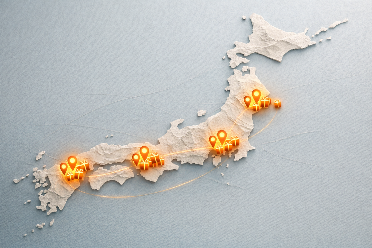 Minimal paper-relief map of Japan with warm glowing pins and gift icons connected by light trails—treasure-hunt curiosity, regional discovery, and “where to donate” excitement for game-related returns