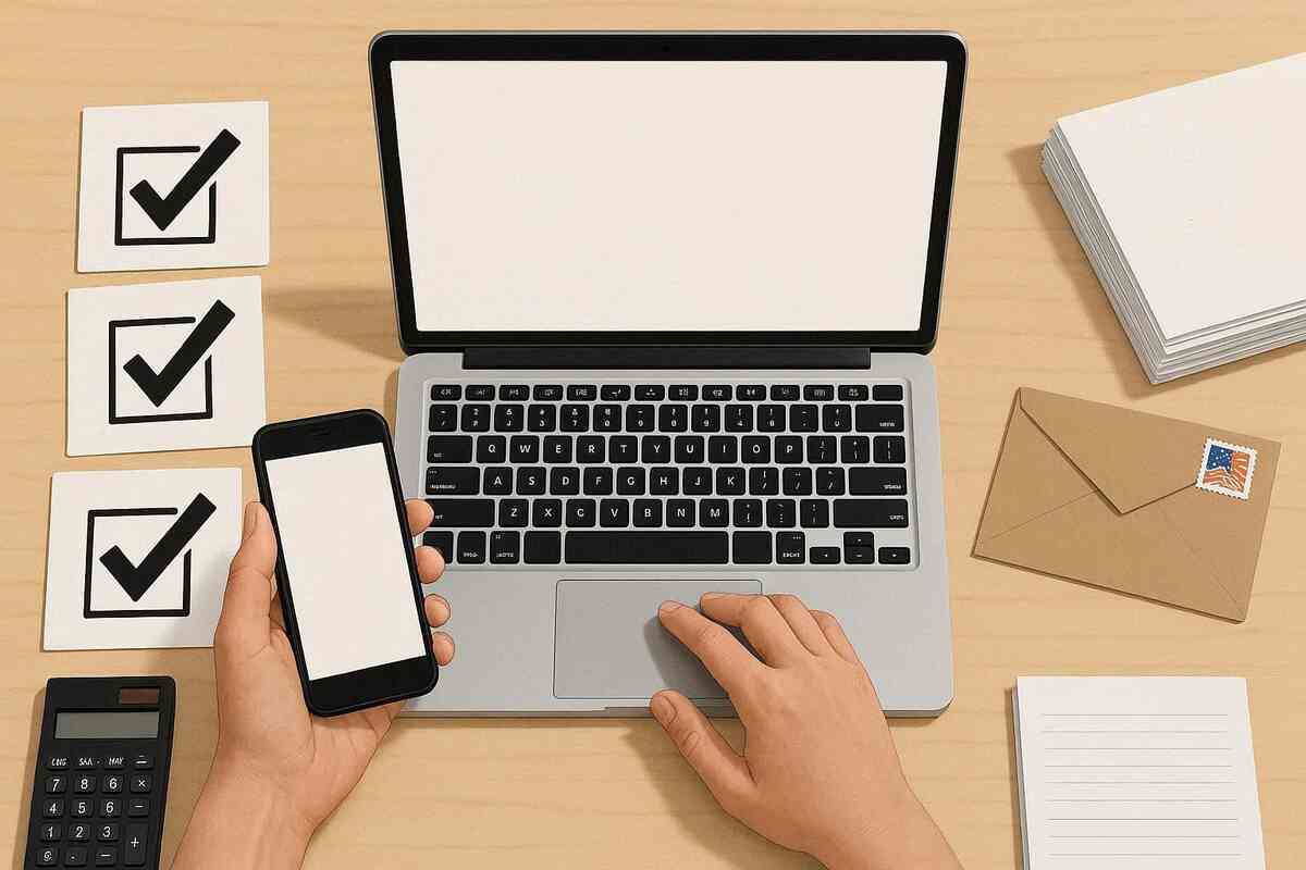 Clean desk workflow: hands on laptop and phone with bold checkmark cards, calculator, documents, and a mailed envelope—calm confidence, easy momentum, and “I’ve got this” step-by-step furusato tax process vibe