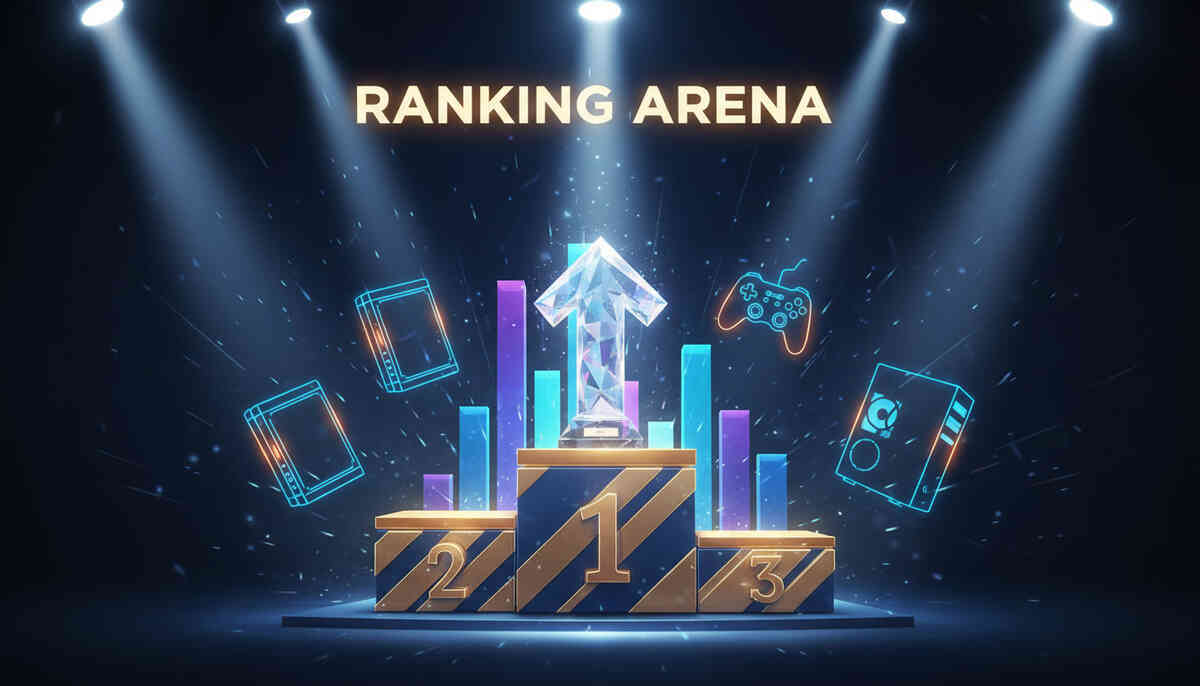 Spotlit ranking stage with a crystal trophy on a 1–2–3 podium and rising bars, neon game-gear outlines floating—competitive hype, triumphant clarity, and “best deal wins” return-rate ranking intensity