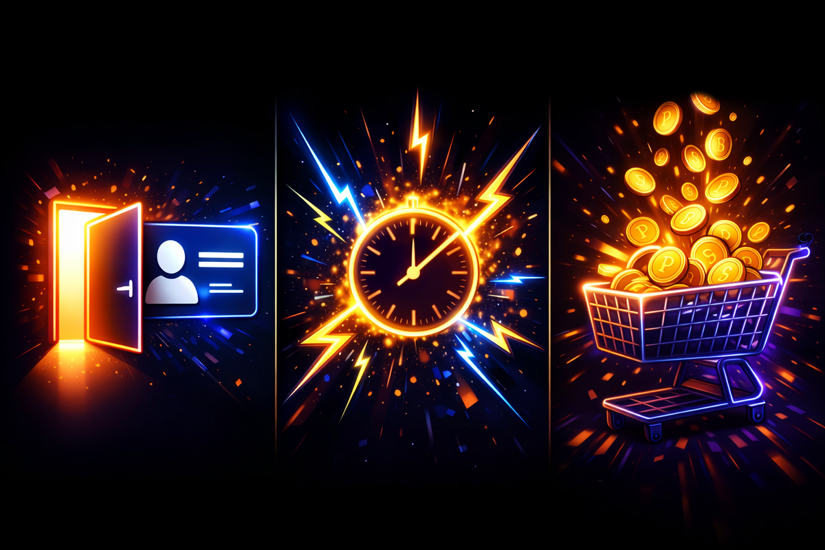 Neon triptych of icons: easy entry (door + ID), lightning-fast drop timing (exploding clock), and points raining into a cart—pure dopamine, “I can win this” urgency, effortless checkout energy