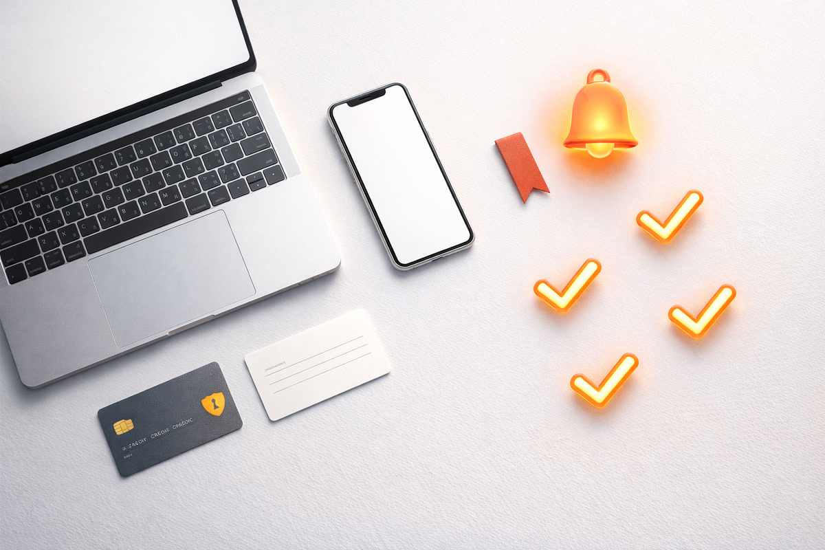 Minimal prep flat-lay: laptop, blank-screen phone, card, notification bell, bookmark tag, and glowing checkmarks—calm control, ready-to-strike confidence, zero-panic purchase setup