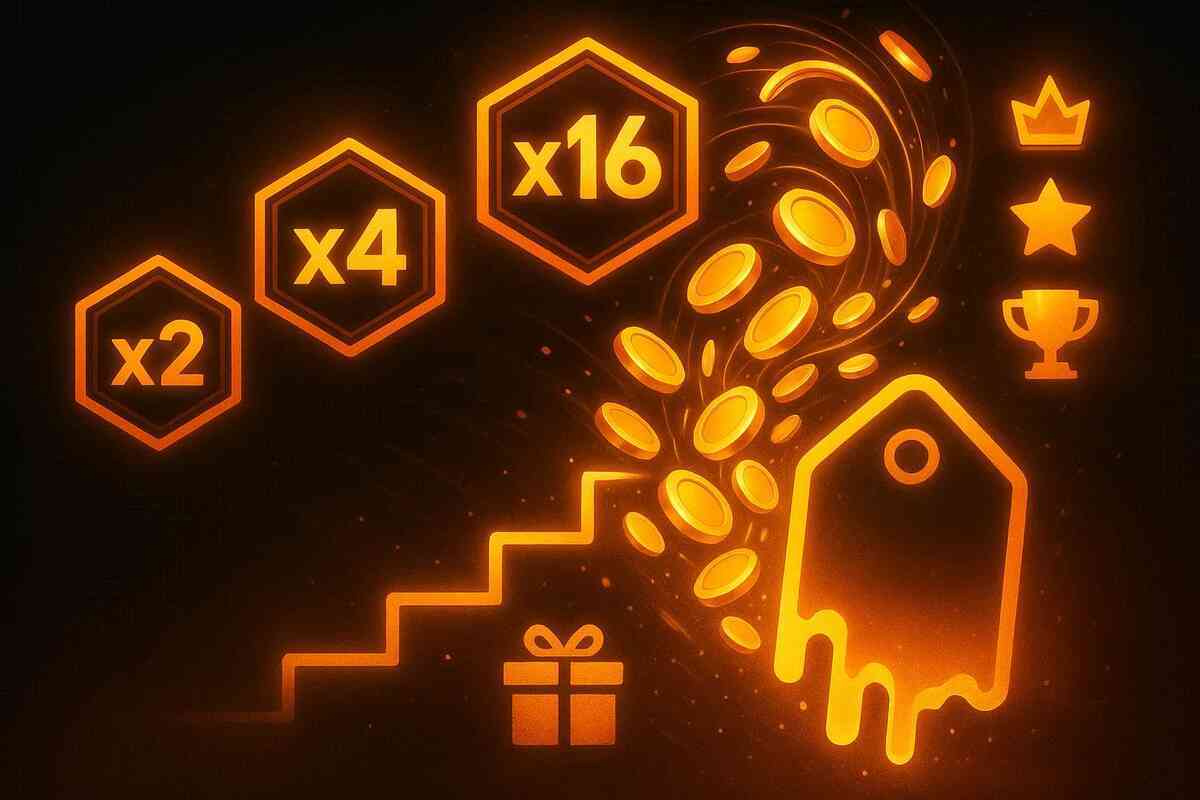 Glowing multipliers (x2, x4, x16) with coins spiraling down a staircase into a melting price tag—greedy thrill, jackpot vibes, “price just collapsed” points-boost euphoria