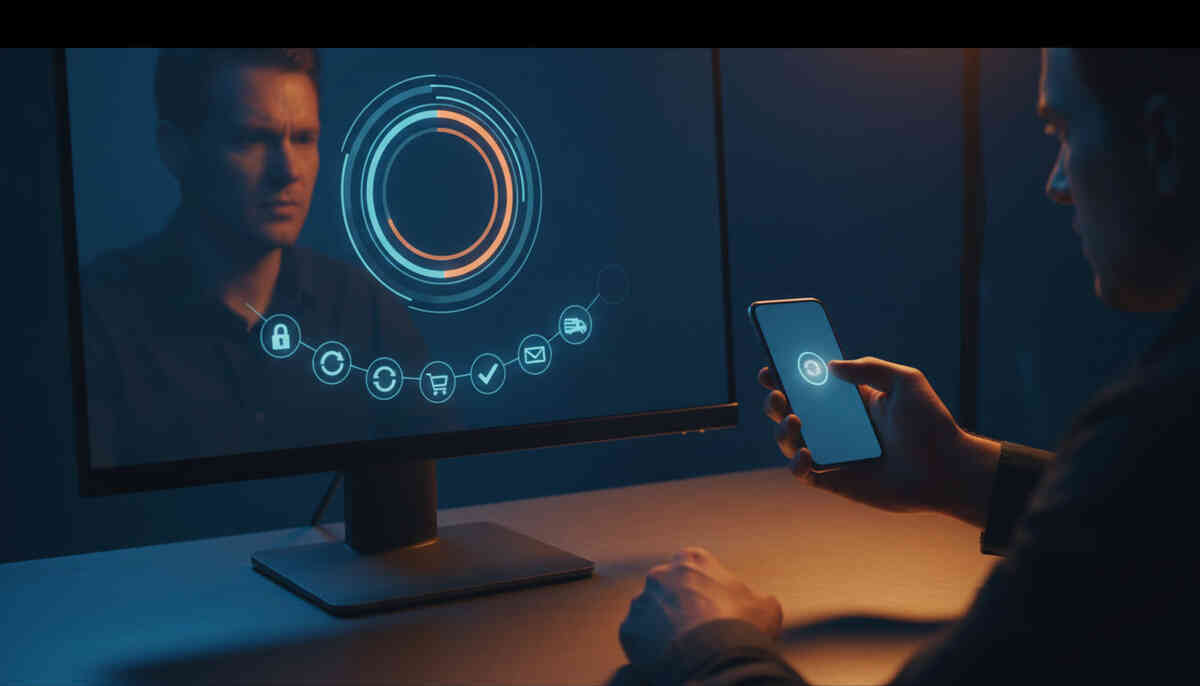 Late-night checkout war room: person syncing phone and monitor with a secure purchase flow HUD—focused tension, laser concentration, “don’t blink” speed-run buying energy