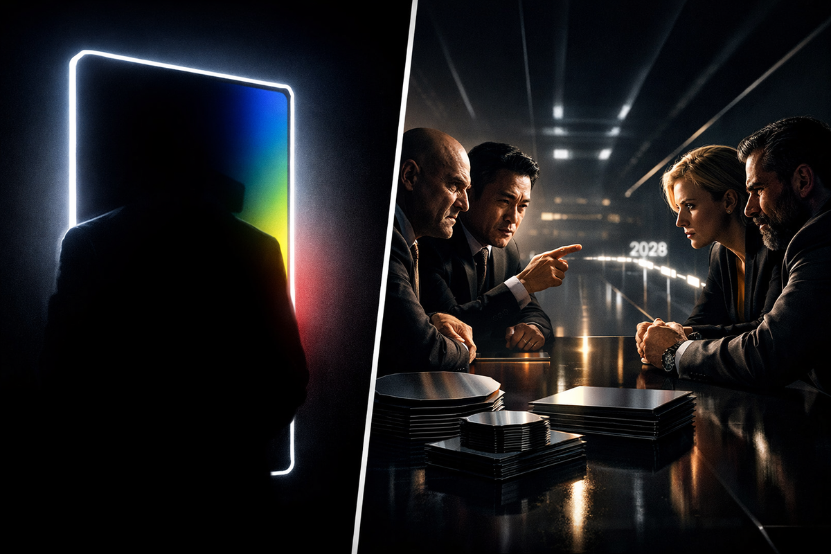 Hands scrambling over cards and phones as neon paths branch to online and store icons—war-room urgency, pulse-racing strategy, and decisive buy-now energy