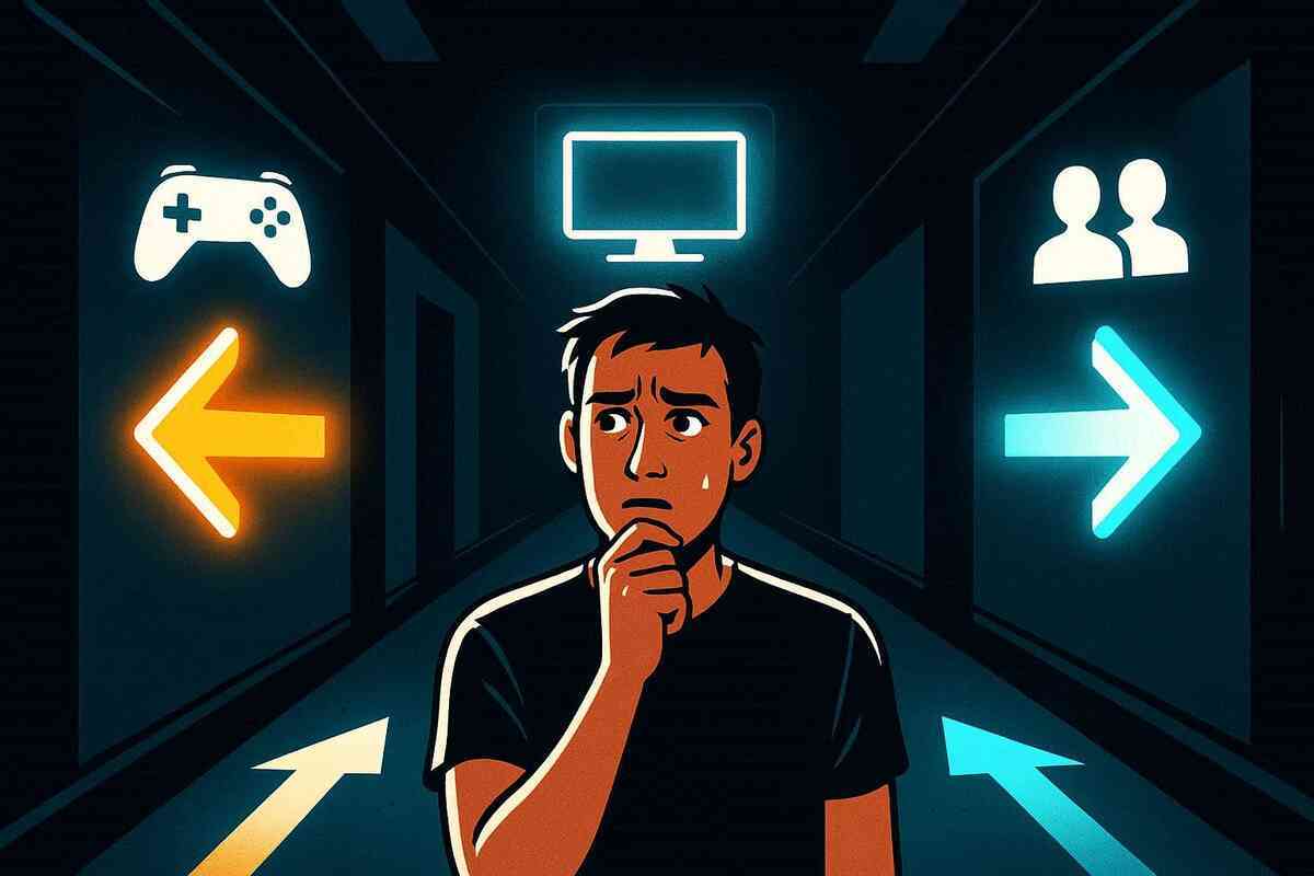 Anxious gamer in a neon corridor facing diverging arrows and icons—restless doubt, fear of missing out, and a tense choose-now-or-wait moment