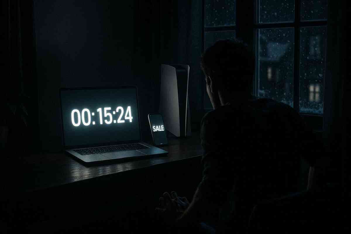Midnight desk glow with a huge countdown on a laptop and a “sale” phone screen—heart-racing deadline pressure, cold window rain, and can’t-miss-it urgency