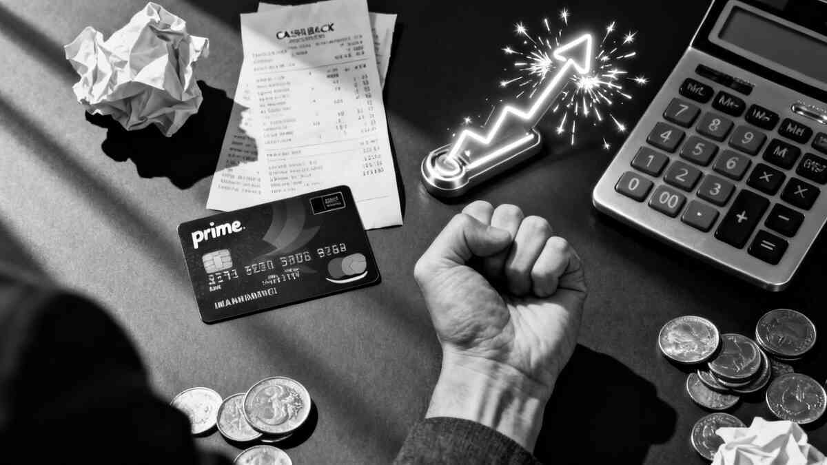 High-contrast money-hack flat lay: generic membership card, receipts, coins, and a calculator with a glowing upward arrow—cashback thrill, clenched-fist victory, beat-the-system energy