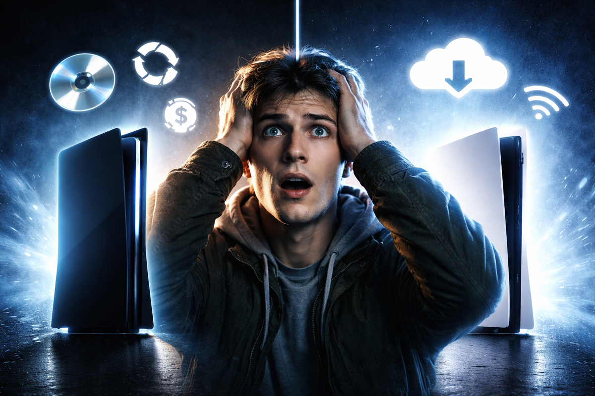 Shocked buyer framed between two unbranded console silhouettes with floating icons (disc, download, cloud)—raw indecision, FOMO panic, and the fear of choosing wrong