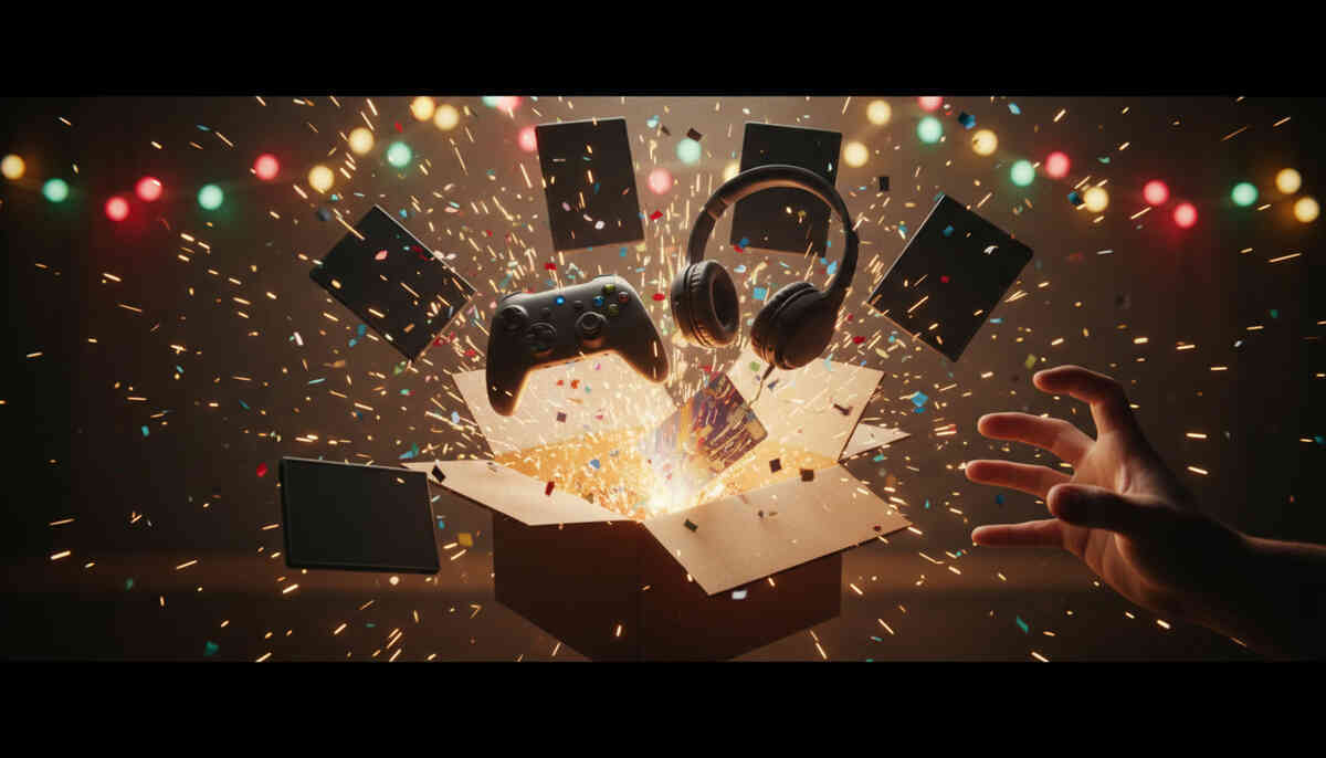 Exploding gift box with a controller and headset bursting into confetti—pure holiday dopamine, instant unboxing joy, and “bundle win” excitement
