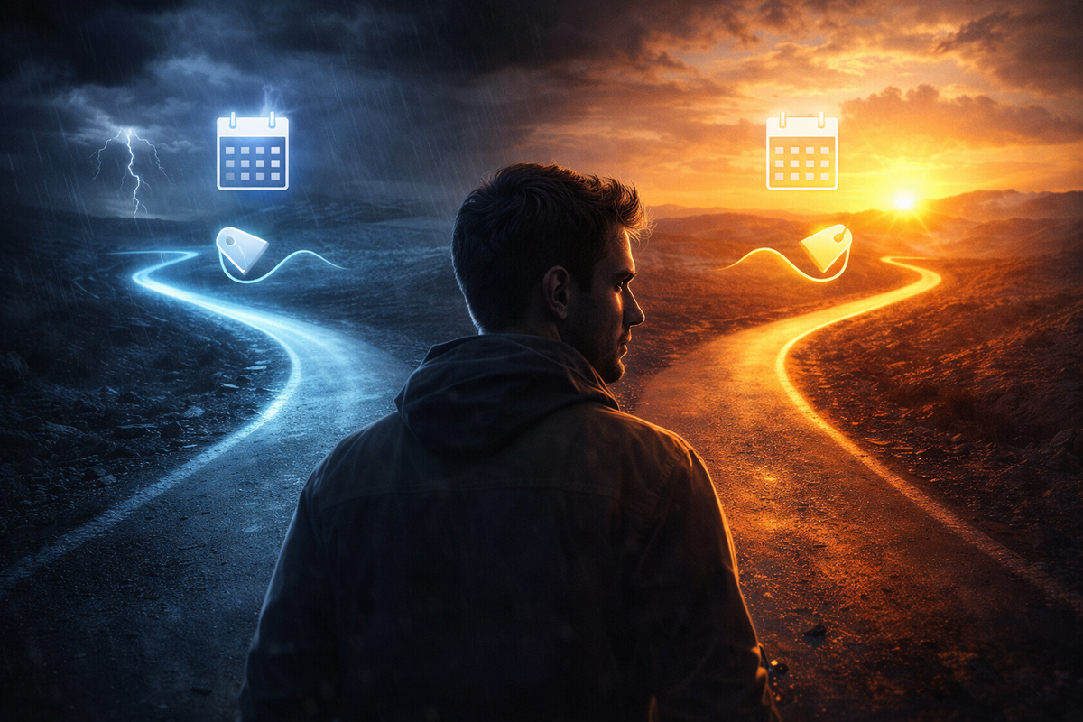 Dramatic forked road under storm-to-sunlight skies with calendar and price-tag icons—wait-or-buy tension, risky timing, and anxious hope for the best deal