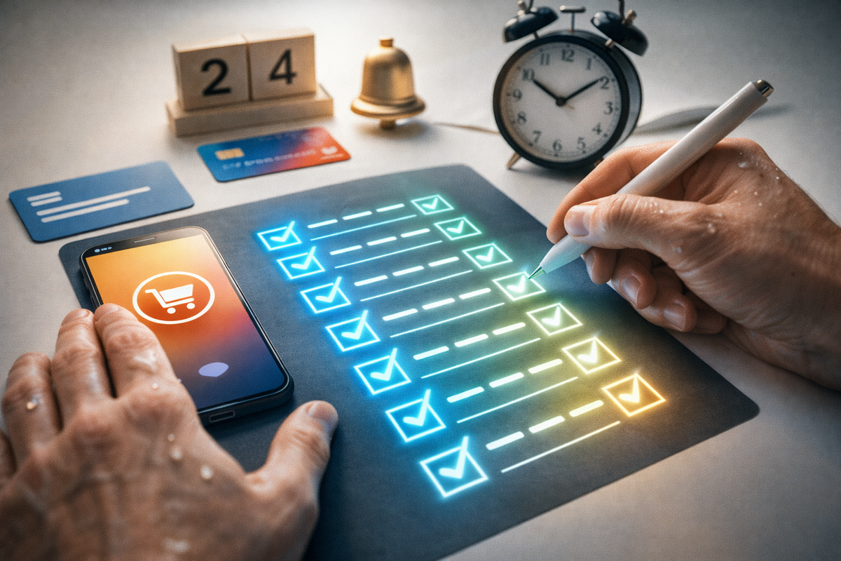 Hands completing a glowing checklist beside a shopping app phone, cards, and an alarm clock—focused prep mode, calm control, and “I won’t miss the drop” determination