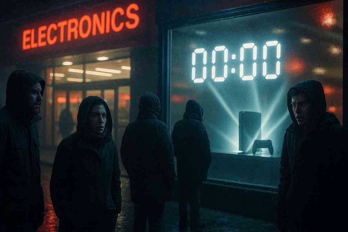 Rainy night outside a generic electronics store with a giant “00:00” countdown and a console glow in the window—chilled tension, restless faces, last-second deal panic