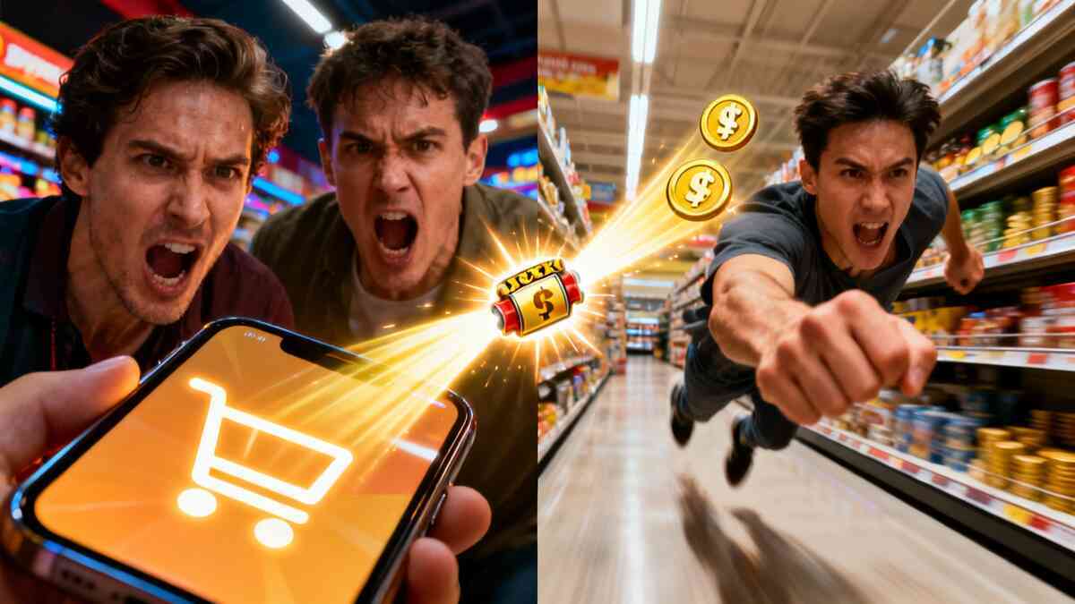 Split-scene of online cart on a phone and a furious store-aisle sprint—double-chance energy, raw determination, and a ruthless “buy now” adrenaline surge