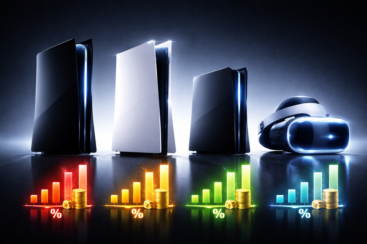 Three unbranded console silhouettes and a VR headset lined up with colorful discount bars and coin stacks—hard comparison clarity, value-hunter excitement, savings victory vibes