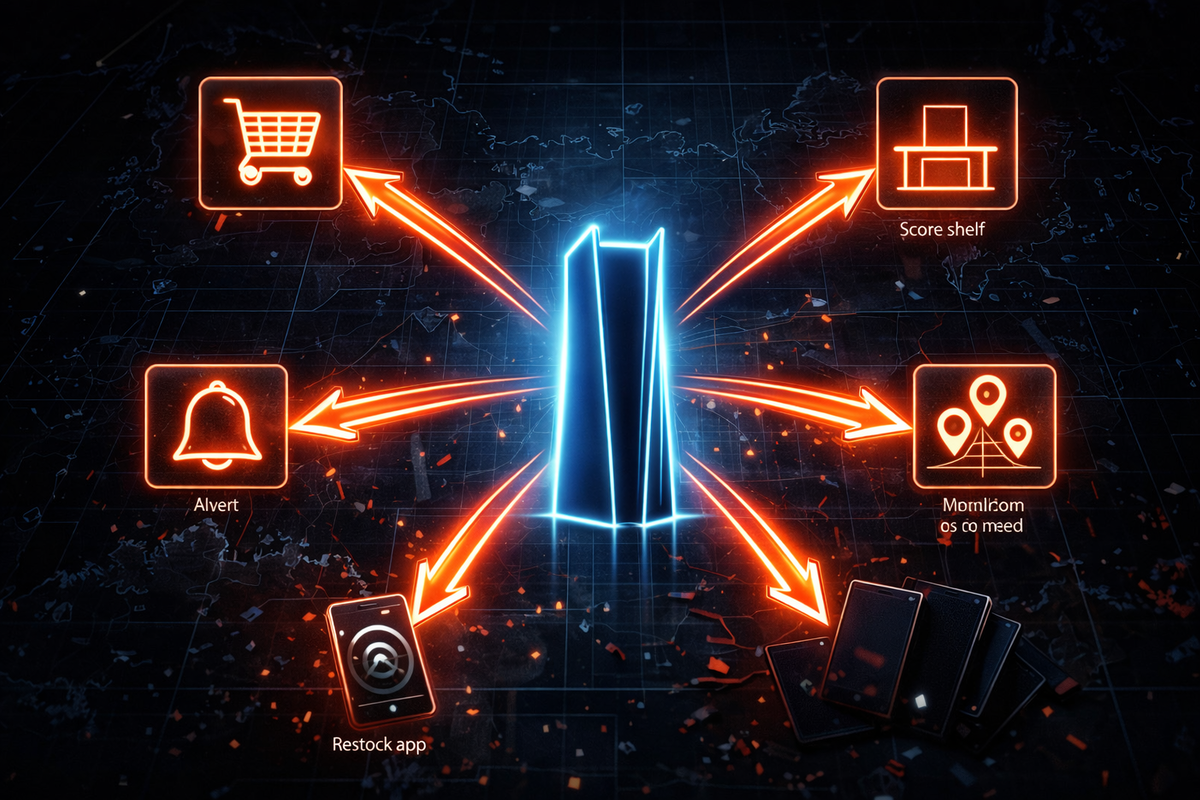 Neon strategy map with a central console and arrows to cart, shelf, alerts, restock app, and location pins—tactical urgency, decisive planning, win-the-stock mindset