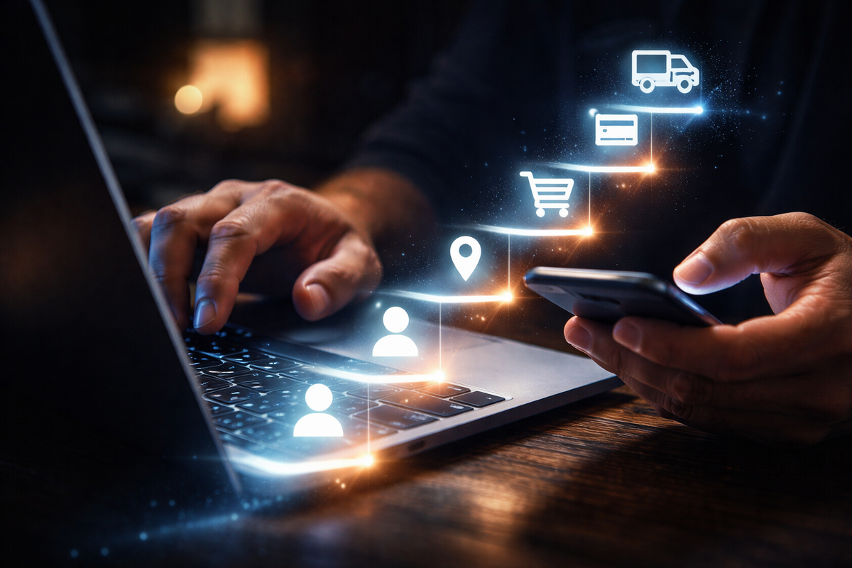 Hands on laptop and phone with glowing step icons (profile, location, cart, card, delivery)—laser-focus checkout intensity, no-mistakes pressure, smooth purchase momentum